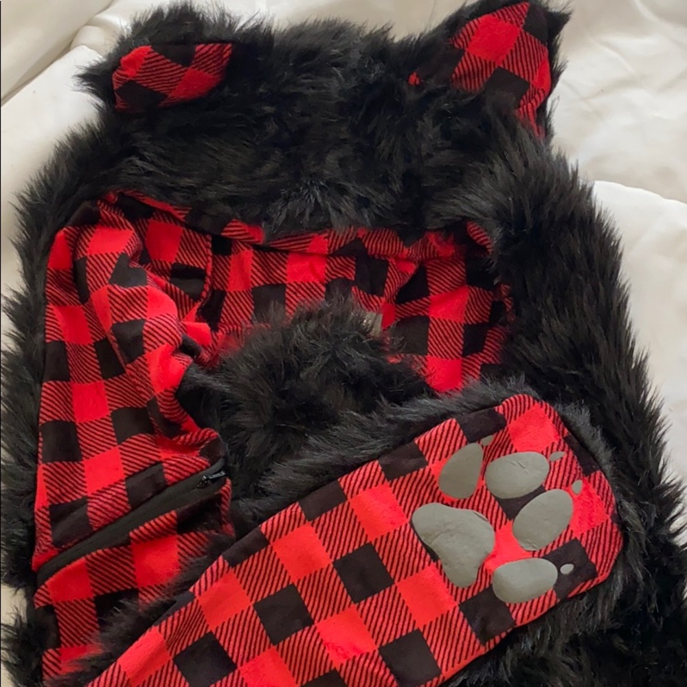 Black Faux Fur and Red Plaid Wolf Paw Scarf Hat